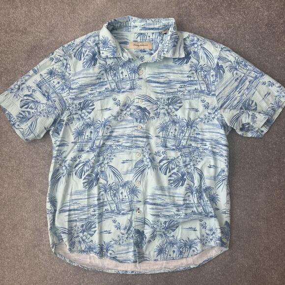 Tommy Bahama Shirt Mens Large Blue Tropical Hawaiian Camp Button Front Palm Tree - Picture 1 of 8
